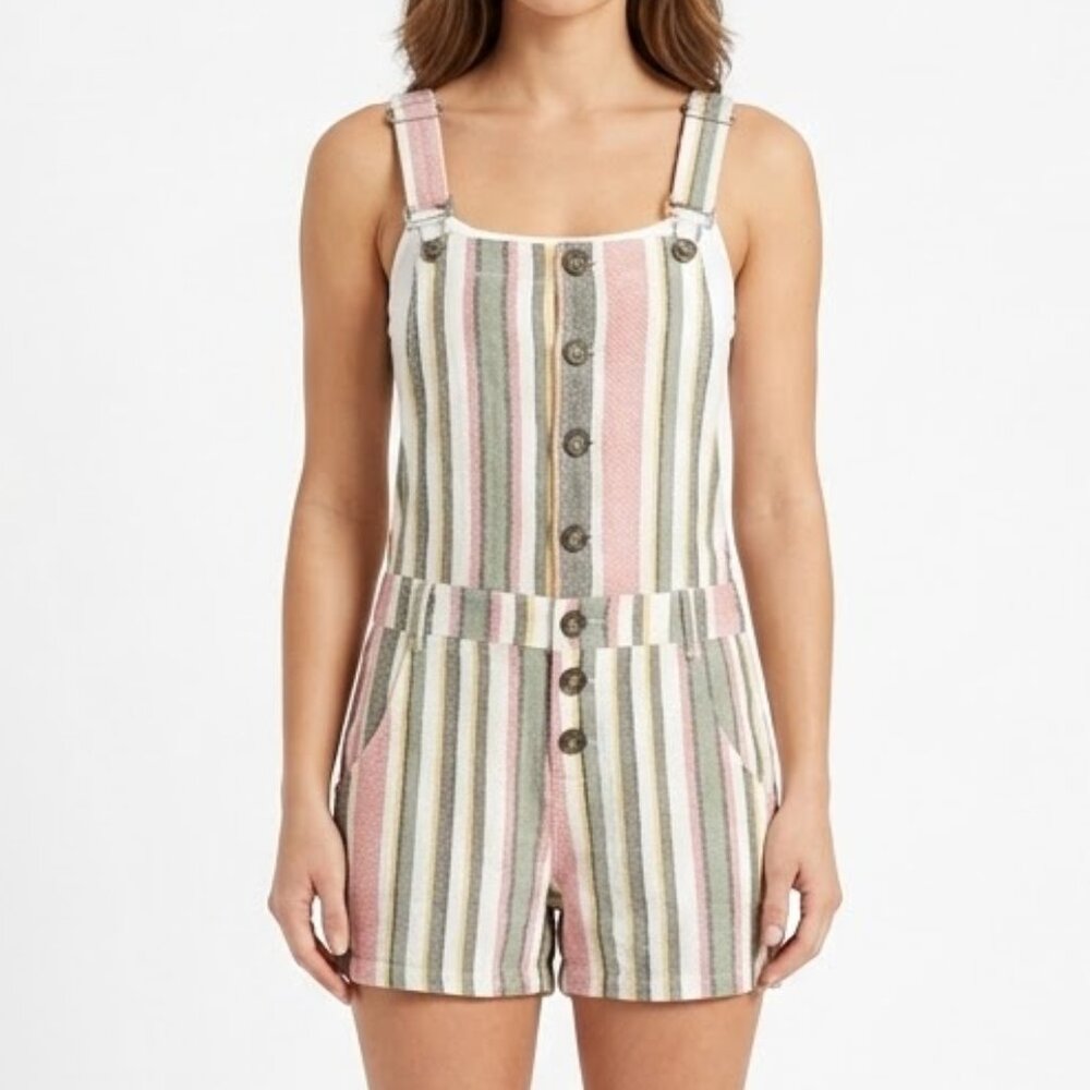 Indigo Rein Striped Linen Blend Shortall Overalls Romper - Size Medium